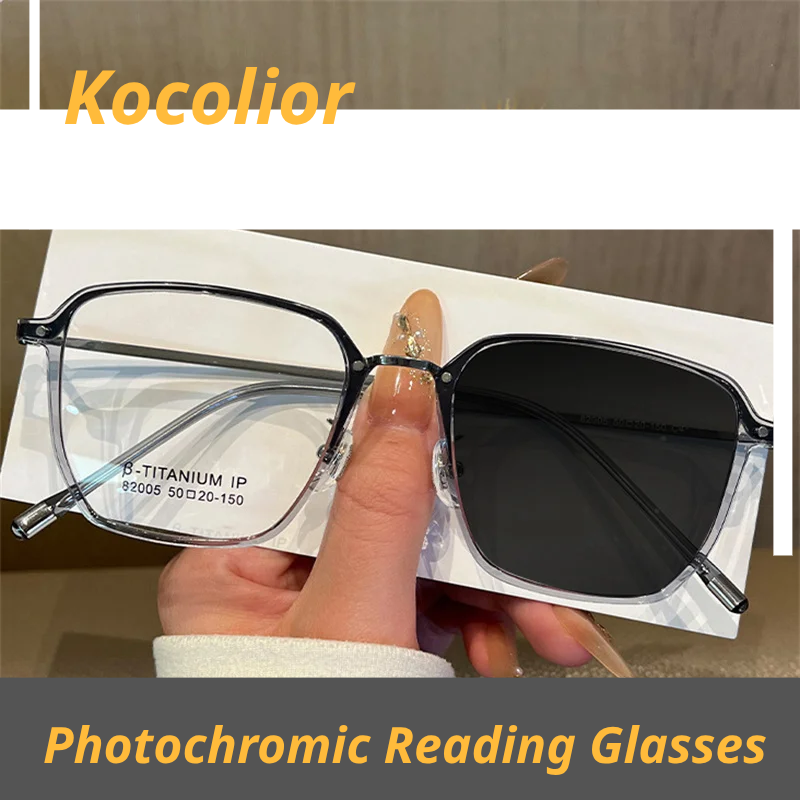 Kocolior Unisex Full Rim Polygon Titanium Photochromic Reading Glasses 82005