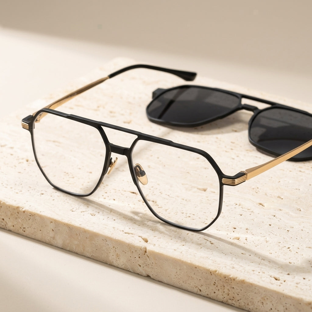 Chashma Ottica Unisex Full Rim Square Double Bridge Eyeglasses Clip On Sunglasses 99064 - Black Gold