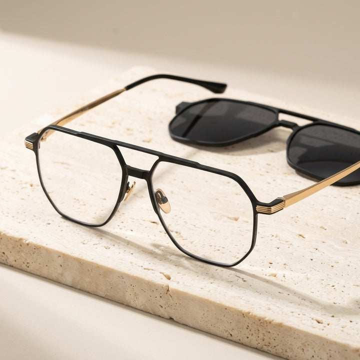 Chashma Ottica Unisex Full Rim Square Double Bridge Eyeglasses Clip On Sunglasses 99064 - Black Gold
