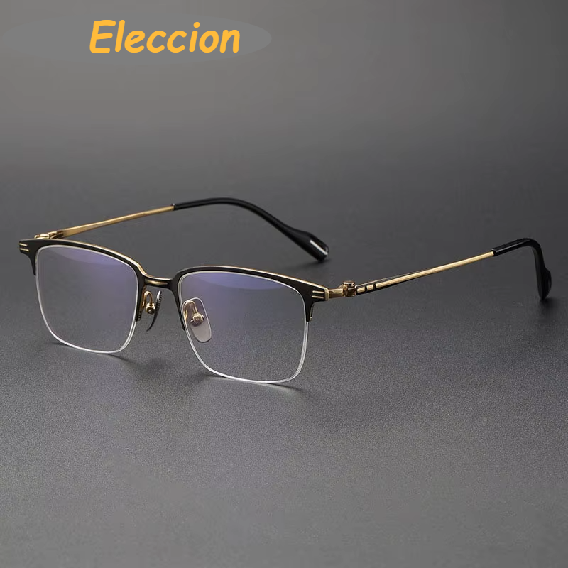 Eleccion Unisex Semi Rim Square Titanium Eyeglasses 74802 Semi Rim Eleccion Black - Gold