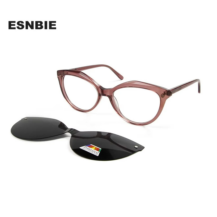 Esnbie Women's Full Rim Cat Eye Acetate Eyeglasses Clip On Sunglasses 53179