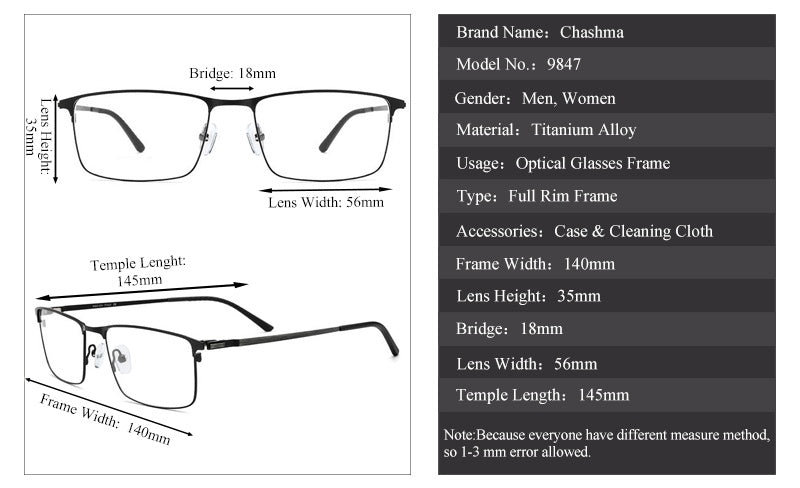 Chashma Ochki Men's Full Rim Square Titanium Alloy Eyeglasses 9847.