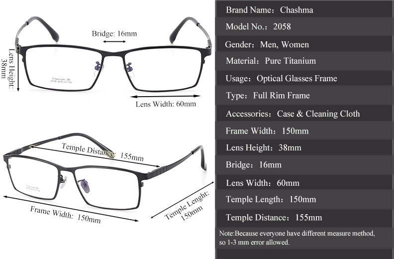 Chashma Ottica Mens Full Rim Square 150 Wide Titanium Eyeglasses 2058 — view 1 | Chashma Ottica at FuzWeb