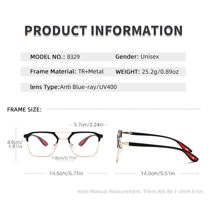 Kocolior Unisex Full Rim Square Tr 90 Alloy Double Bridge Photochromic Reading Glasses 968329 — view 2 | Kocolior at FuzWeb