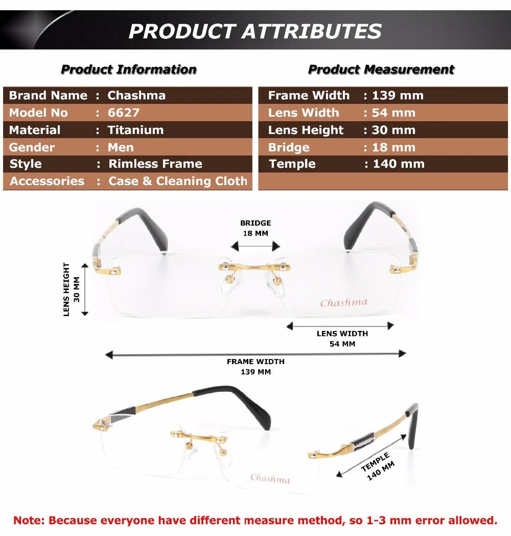 Chashma Ottica Unisex Rimless Square Titanium Eyeglasses 66277 - Size Chart