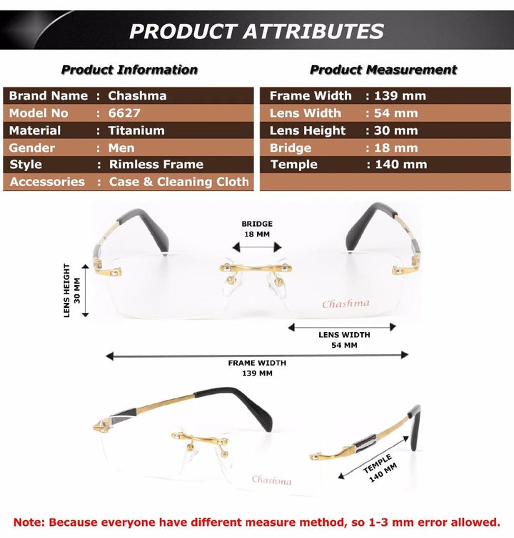 Chashma Ottica Unisex Rimless Square Titanium Eyeglasses 66277 - Size Chart