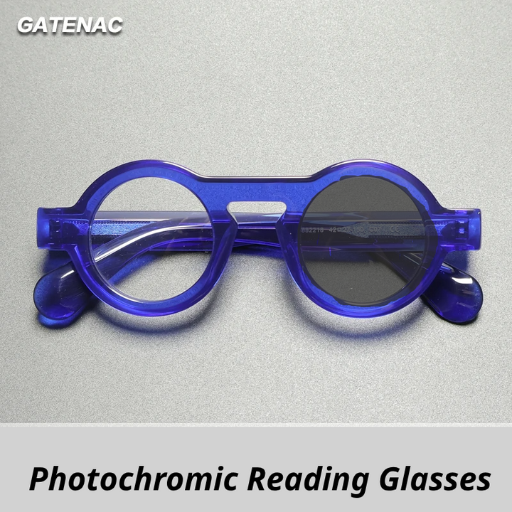 Gatenac Unisex Full Rim Round Acetate Photochromic Reading Glasses 842218