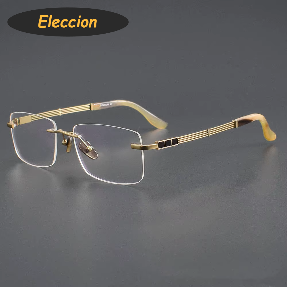 Eleccion Unisex Rimless Square Titanium Ox Horn Temple Eyeglasses 94118