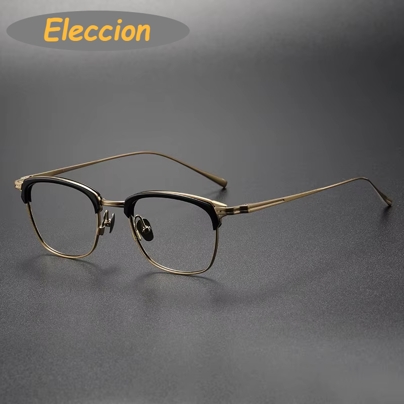 Eleccion Unisex Full Rim Square Titanium Acetate Eyetglasses 94226 Full Rim Eleccion Black - Gold