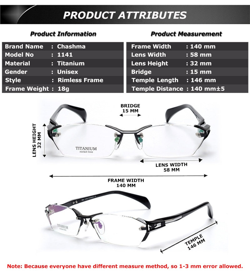 Chashma Ottica Men's Rimless Irregular Rectangle Eyeglasses 1141.