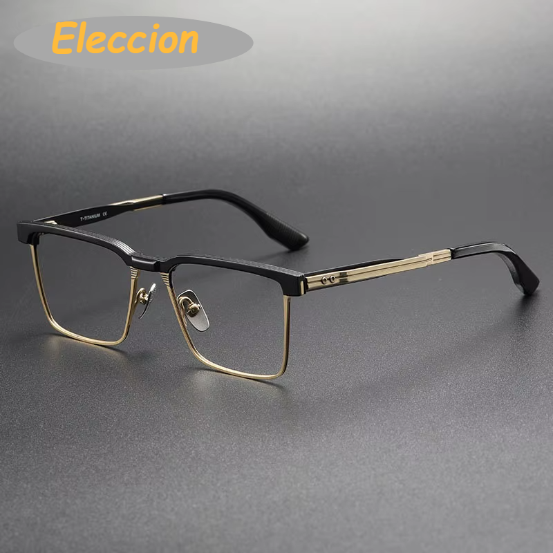 Eleccion Unisex Full Rim Square Acetate Titanium Eyeglasses 942137 Full Rim Eleccion Black - Gold