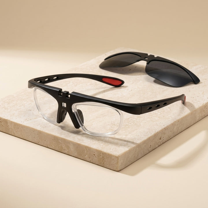 Chashma Ottica Unisex Full Rim Rectangle Tr 90 Titanium Eyeglasses Clip On Sunglasses 23204 - Black