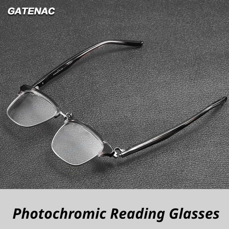 Gatenac Unisex Full Rim Flip Up Square Acetate Titanium Photochromic Reading Glasses 62796