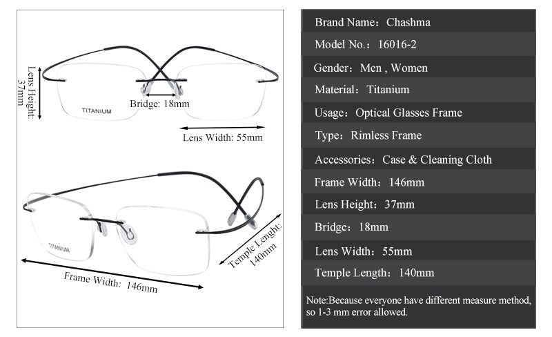 Chashma Unisex Rimless Polygon Square Titanium Eyeglasses 816016 — view 2 | Chashma at FuzWeb
