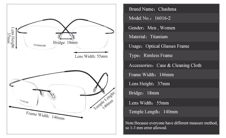 Chashma Unisex Rimless Polygon Square Titanium Eyeglasses 816016 — view 2 | Chashma at FuzWeb