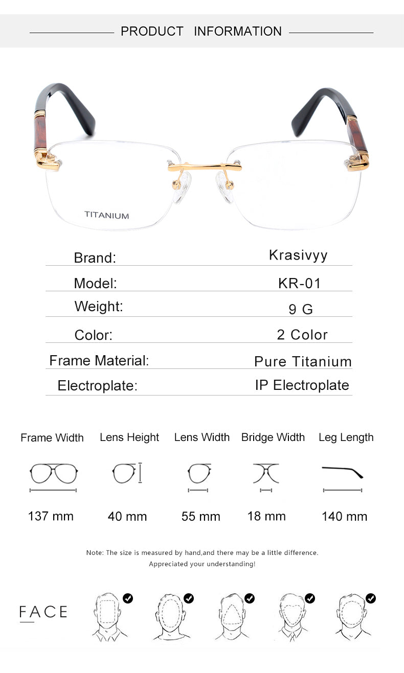 Krasivyy Unisex Rimless Square Titanium Wooden Eyeglasses Ls01.