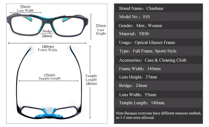 Chashma Ottica Unisex Full Rim Square Tr 90 Titanim Sport Goggle Eyeglasses 010.