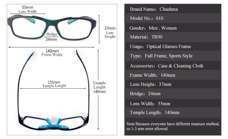 Chashma Ottica Unisex Full Rim Square Tr 90 Titanim Sport Goggle Eyeglasses 010.