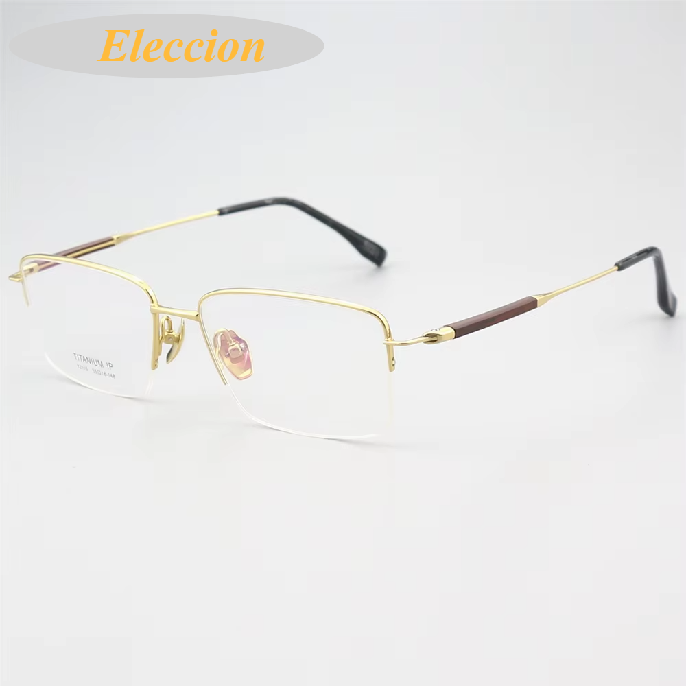 Eleccion Unisex Semi Rim Square Titanium Rosewood Temple Eyeglasses 84115 Semi Rim Eleccion Gold