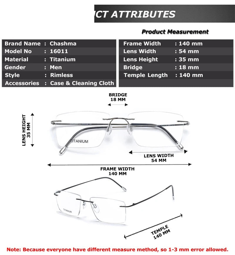 Chashma Ottica Unisex Rimless Titanium Prescription Eyeglasses 16011