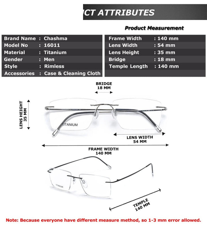 Chashma Ottica Unisex Rimless Titanium Prescription Eyeglasses 16011