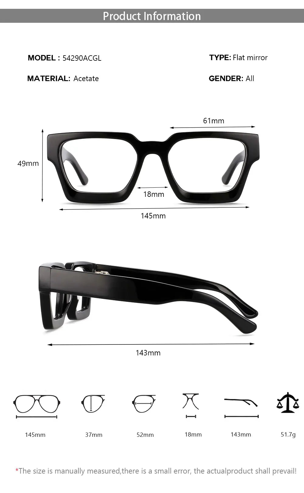 CCspace Unisex Full Rim Square Acetate Frame Eyeglasses 54290 — view 10 | CCspace at FuzWeb