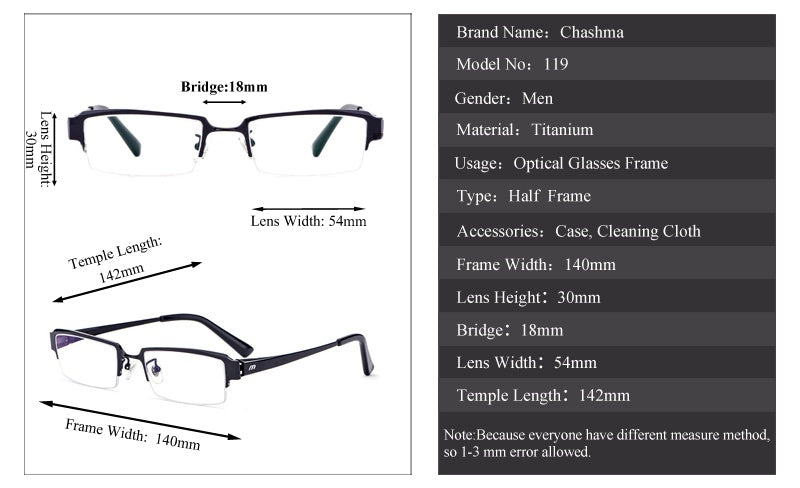 Chashma Ottica Men's Semi Rim Square Titanium Eyeglasses 119.