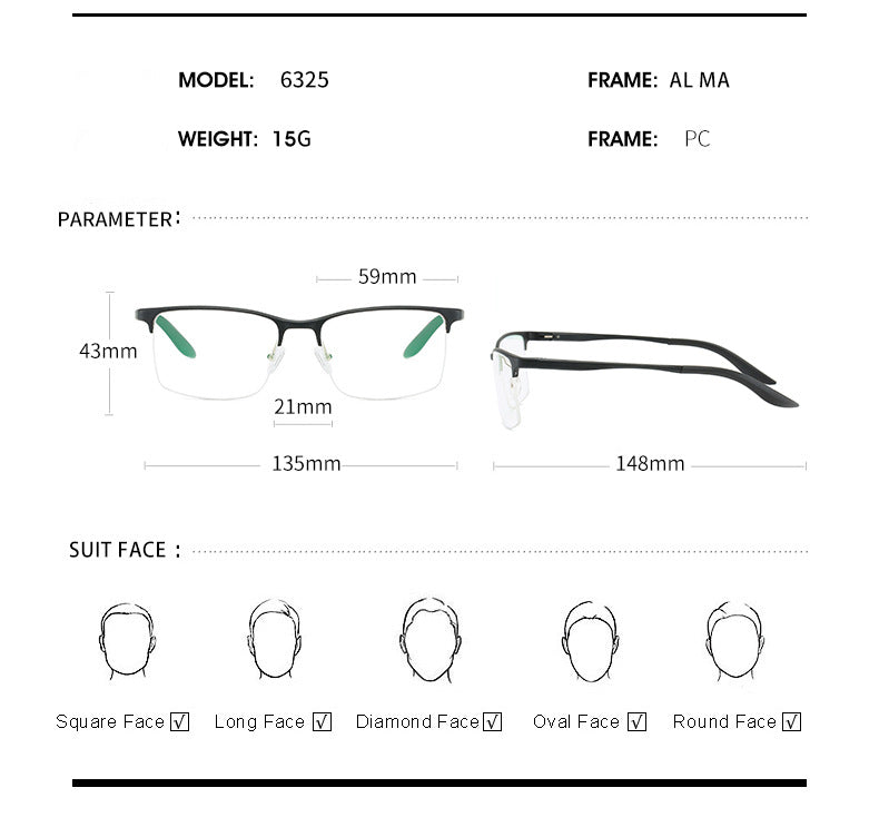 Hdcrafter Mens Semi Rim Square TR 90 Titanium Frame Eyeglasses P6325 — view 2 | Hdcrafter Eyeglasses at FuzWeb