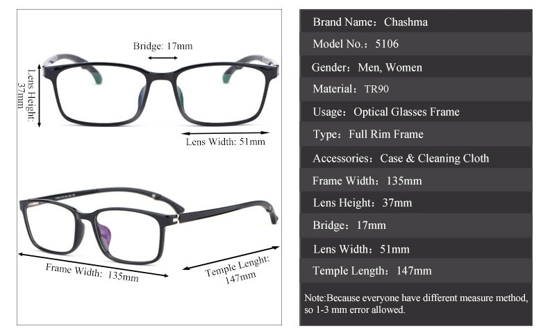 Chashma Ochki Unisex Full Rim Square Tr 90 Titanium Eyeglasses 5106.