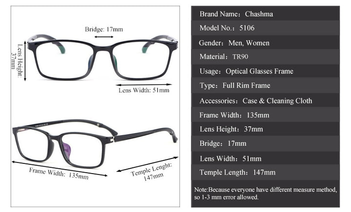 Chashma Ochki Unisex Full Rim Square Tr 90 Titanium Eyeglasses 5106.