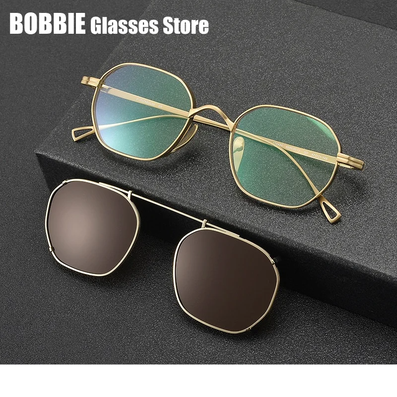 Bobbie Unisex Full Rim Polygon Titanium Eyeglasses Clip On Sunglasses 619917