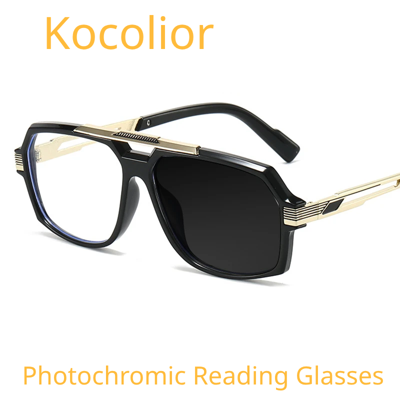 Kocolior Unisex Full Rim Square Double Bridge Tr 90 Alloy Photochromic Reading Glasses 242268