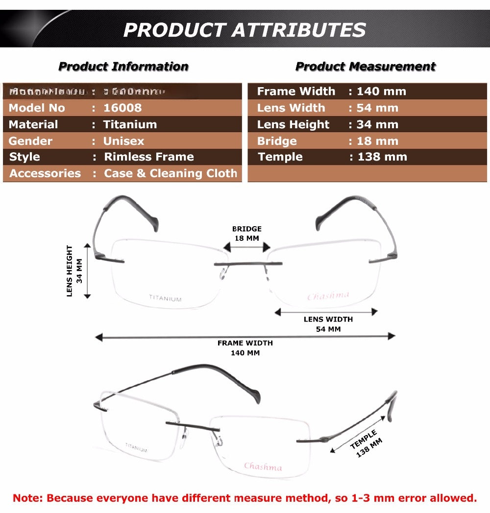Chashma Ottica Mens Rimless Square Titanium Eyeglasses 16008 — view 1 | Chashma Ottica at FuzWeb