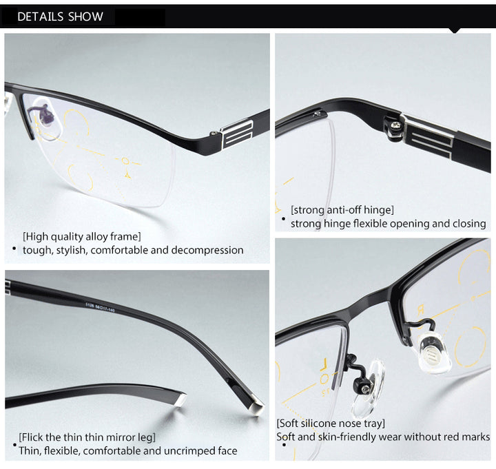 Handoer Unisex Semi Rim Square Alloy Progressive Reading Glasses 56170 — view 1 | Handoer at FuzWeb