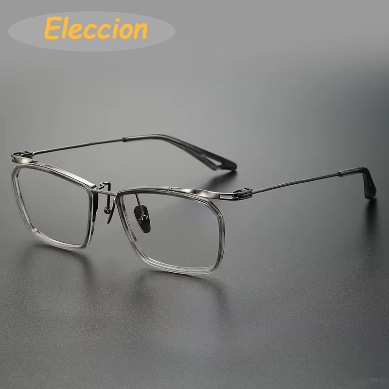 Eleccion Unisex Full Rim Big Square Acetate Titanium Eyeglasses 15055 Full Rim Eleccion Gray