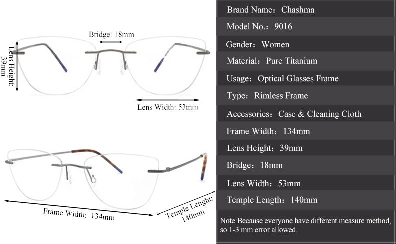 Chashma Ottica Unisex Rimless Rounded Square Cat Eye Titanium Eyeglasses 9016.