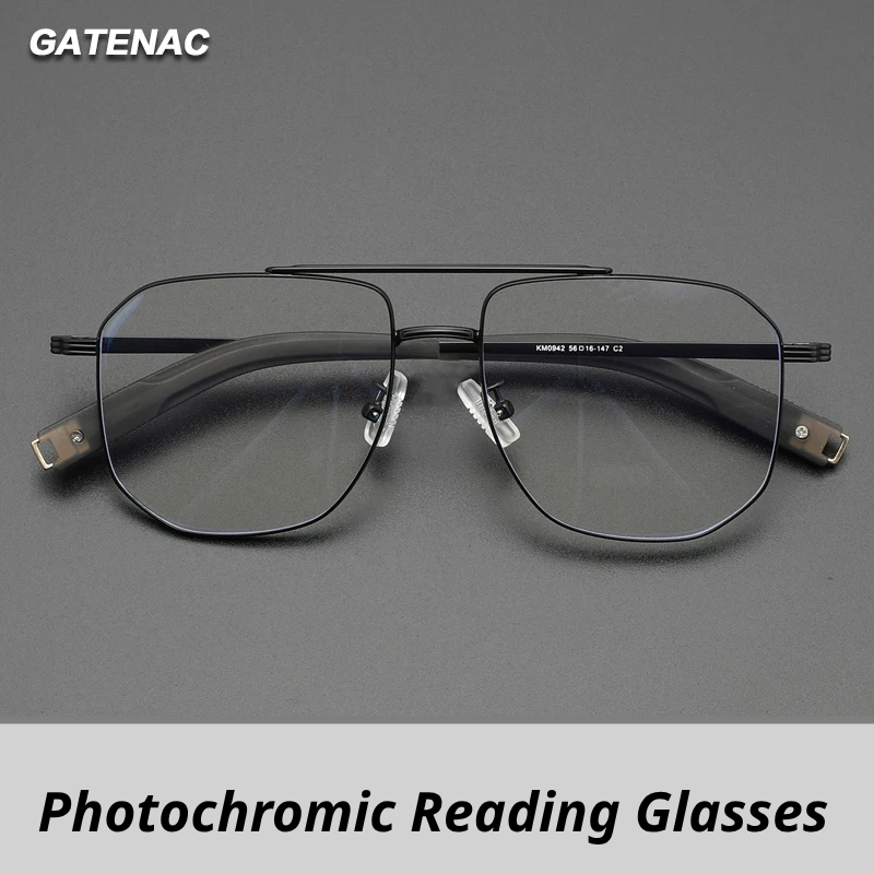 Gatenac Unisex Full Rim Square Double Bridge Titanium Photochromic Reading Glasses 760942