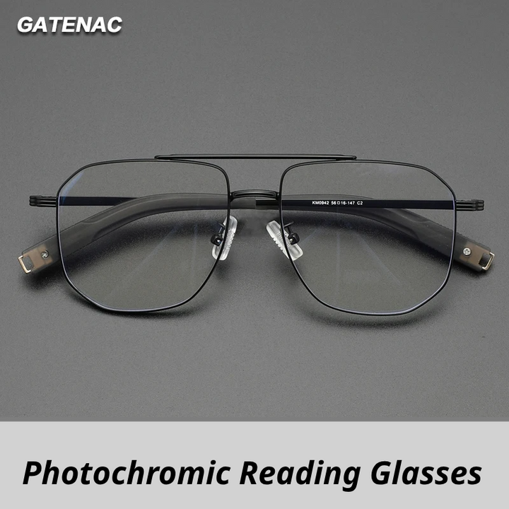 Gatenac Unisex Full Rim Square Double Bridge Titanium Photochromic Reading Glasses 760942