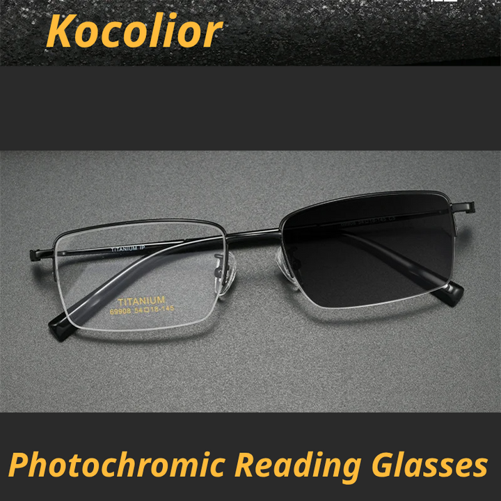 Kocolior Unisex Semi Rim Square Titanium Photochromic Reading Glasses 69908
