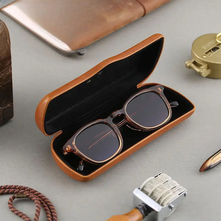 Cubojue Unisex Brown Hard Leather Eyeglass Case C008 — view 5 | Cubojue Case at FuzWeb