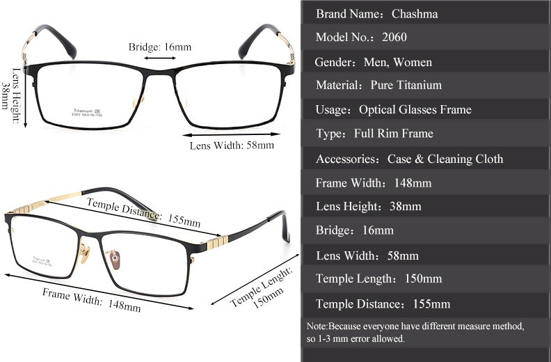 Chashma Ottica Mens Full Rim Square Titanium Eyeglasses 772060 — view 1 | Chashma Ottica at FuzWeb