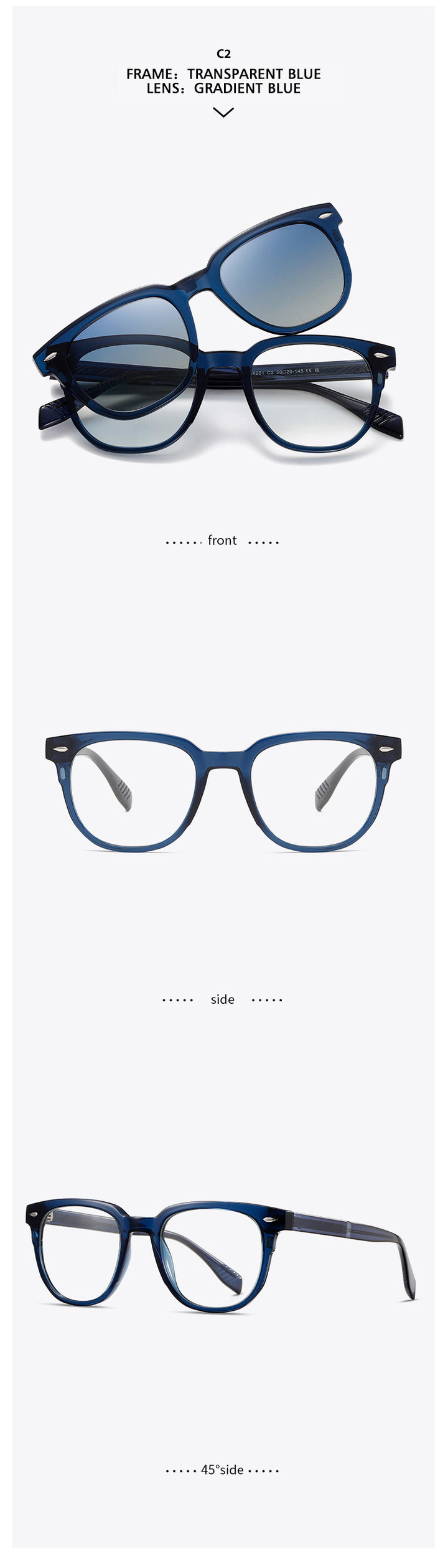 Kansept Unisex Full Rim Square Tr 90 Alloy Reading Glasses Clip On Sunglasses 34201.