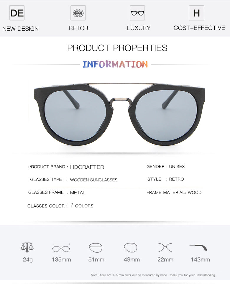 Hdcrafter Unisex Full Rim Round Wood Metal Frame Polarized Sunglasses Lhb023.