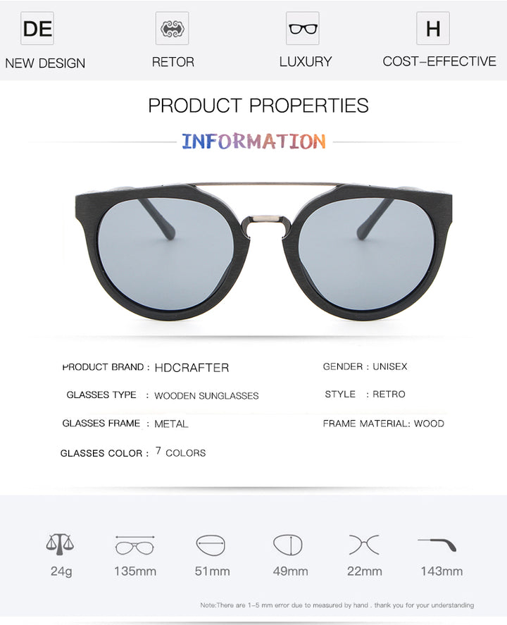 Hdcrafter Unisex Full Rim Round Wood Metal Frame Polarized Sunglasses Lhb023.