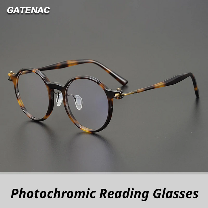 Gatenac Unisex Full Rim Round Acetate Photochromic Reading Glasses 75886