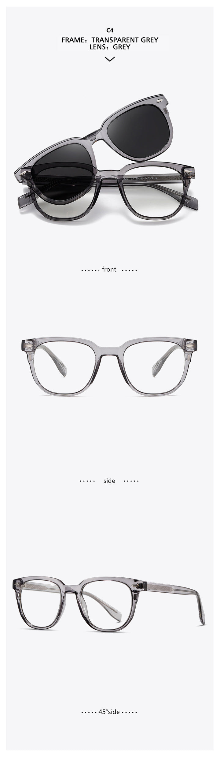 Kansept Unisex Full Rim Square Tr 90 Alloy Reading Glasses Clip On Sunglasses 34201.