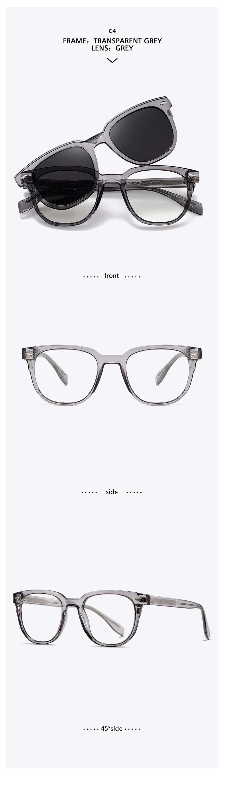 Kansept Unisex Full Rim Square Tr 90 Alloy Reading Glasses Clip On Sunglasses 34201.