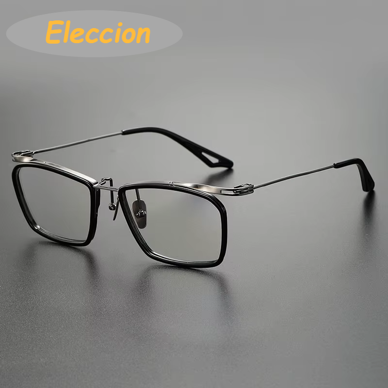 Eleccion Unisex Full Rim Big Square Acetate Titanium Eyeglasses 15055 Full Rim Eleccion Black - Gray