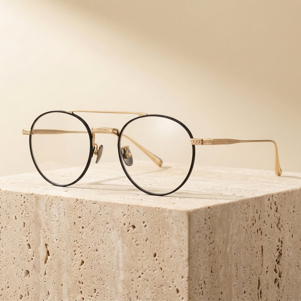Chashma Ottica Men Round Double Bridge Titanium Eyeglasses 474020 - Black-Gold