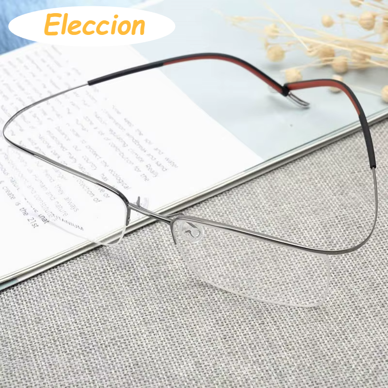 Eleccion Unisex Semi Rim Square Brow Line Titanium Eyeglasses 75296 Semi Rim Brightzone